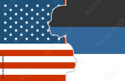 Image relative to politic and economic relationship between USA and Estonia. National flags inside the heads of the businessmen. Teamwork concept.