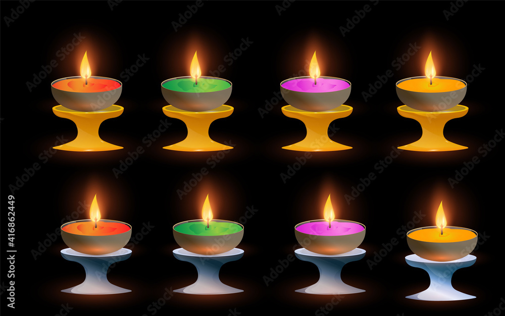 A set of scented candles, decorated in cups or glasses, set on a candle holder.Candles, candlesticks, A set of scented candles, decorated in cups or glasses, set on a candle holder.Candles, candlesticks,