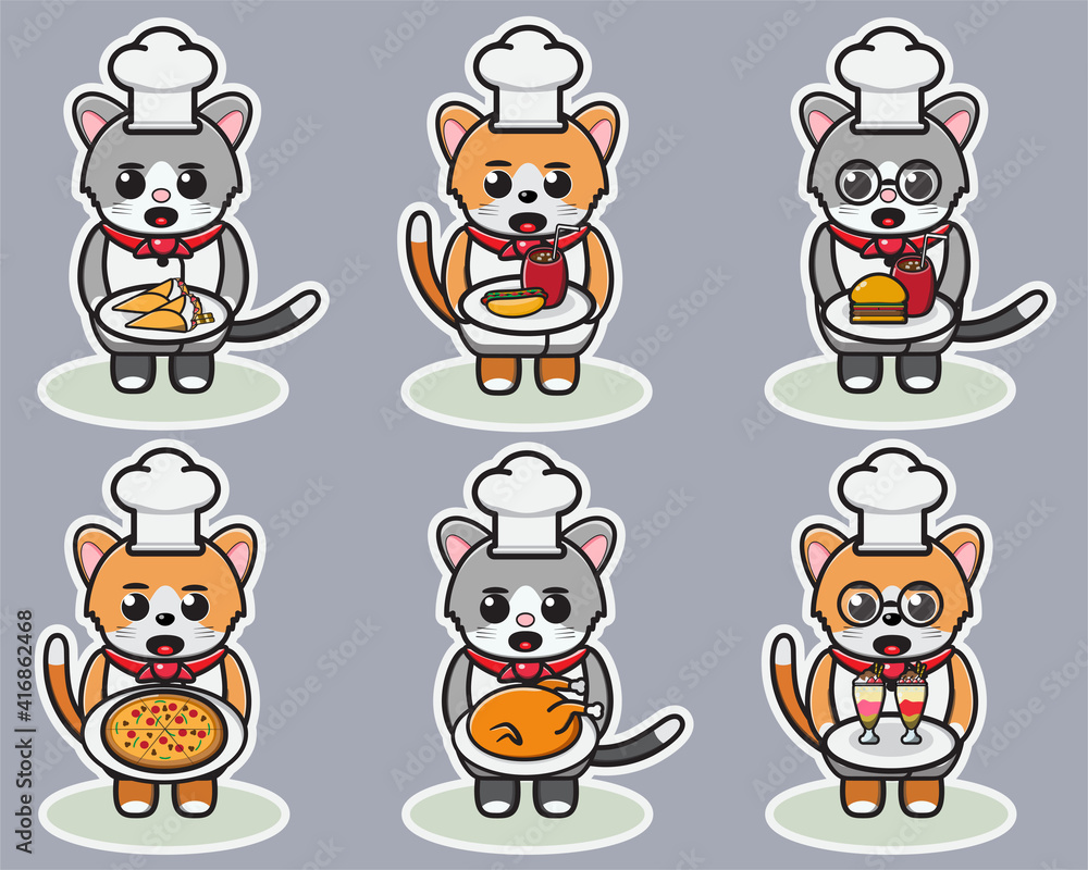 Vector illustration of cute Cat Chef cartoon with food. Cute Cat expression character design bundle. Good for icon, logo, label, sticker, clipart. Vector illustration of cute Cat Chef cartoon with food. Cute Cat expression character design bundle. Good for icon, logo, label, sticker, clipart.