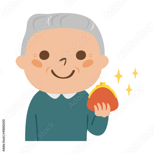 高齢者のイラスト。がま口の財布を持っている男性のお年寄り。