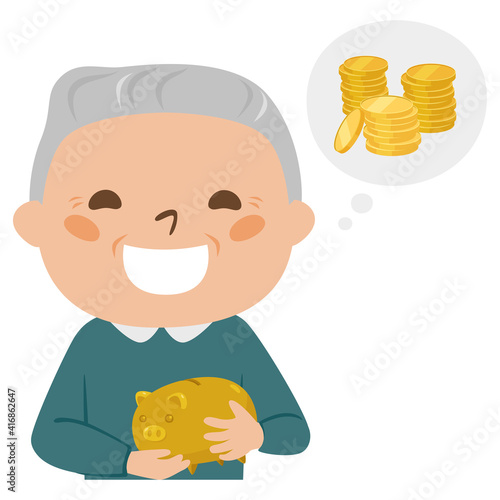 高齢者のイラスト。たくさんお金が入った貯金箱に喜んでる男性のお年寄り。