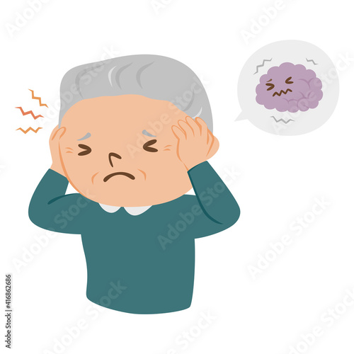 病気の高齢者のイラスト。頭が痛い男性のお年寄り。