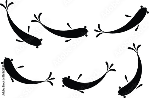 vector drawing art line black and white fish action set
