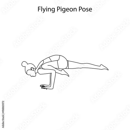 Flying pigeon pose yoga workout outline. Healthy lifestyle vector illustration