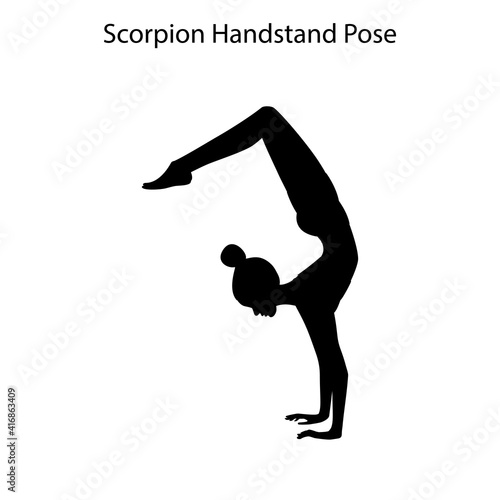 Scorpion handstand pose yoga workout silhouette. Healthy lifestyle vector illustration