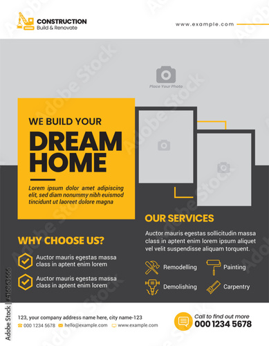 Construction and renovation business flyer template with creative modern layout