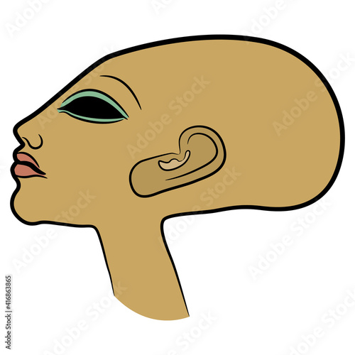 Portrait of bald ancient Egyptian princess with elongated head in profile. Daughter of pharaoh Akhenaten. Amarna style. 