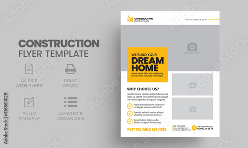 Construction and renovation business flyer template with creative modern layout