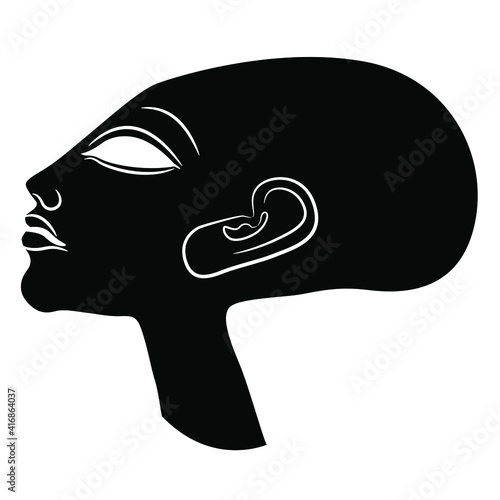 Head of bald ancient Egyptian princess in profile. Daughter of pharaoh Akhenaten and queen Nefertiti. Amarna style. Black and white silhouette.