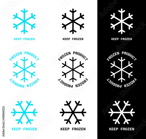Vector illustration of 3 snowflakes with text in 3 colors. Isolated keep frozen and frozen product icons. Set of 9 elements for food packaging design and other projects.