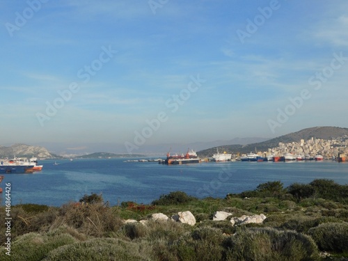 Εκτύπωση καμβά The strait between Attica and the Salamis island, where the famous sea battle of 480 BC took place, viewed from the burial mound of the fallen Greeks