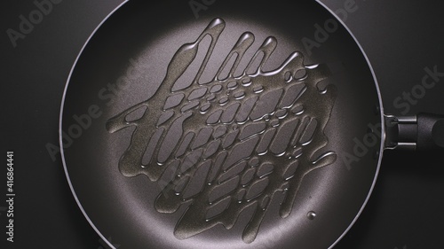 TOP VIEW: Oil in a black frying pan on the stove