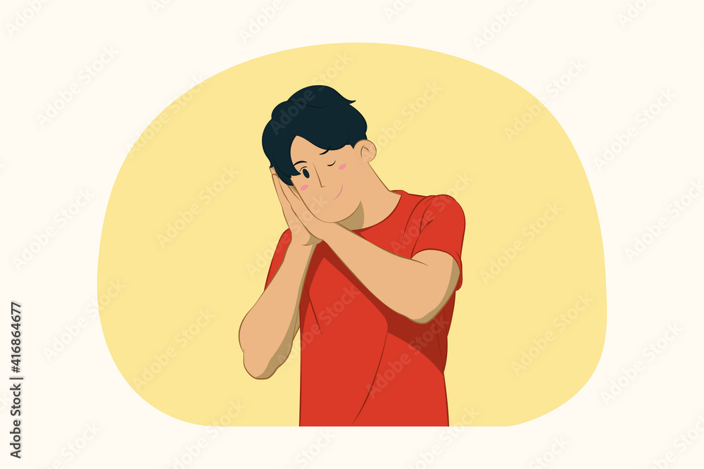 Young man sleep with folded hands under cheek concept Young man sleep with folded hands under cheek concept