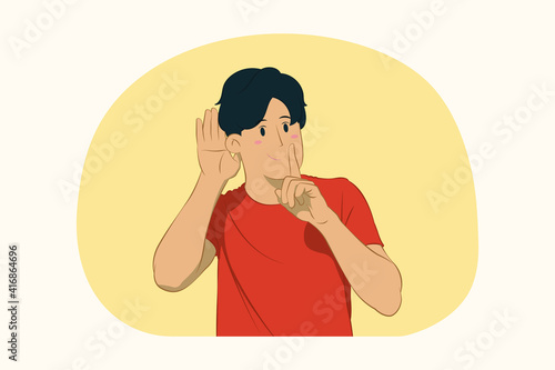 Young man standing saying hush be quiet with finger on lips shhh gesture concept
