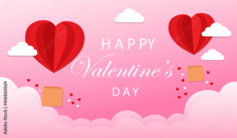 Valentine's day illustration with heart shaped balloons and clouds for card or banner