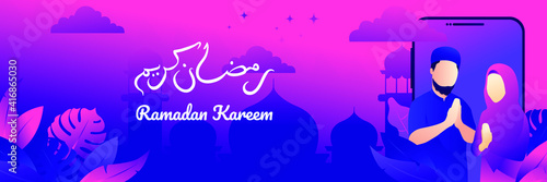 islamic people character greeting ramadan kareem with flat stars lantern and mosque as background