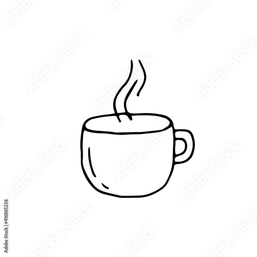 A mug with hot coffee, tea. Vector doodle illustration, hand drawn. Black and white outline. Coloring for children. Silhouette.