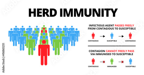 Group of people with Herd immunity text.Concept of herd immunity or a group of people who are infected with the infected person as a virus spread in society.Vector illustration.Flat style infographic.