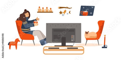 watch TV. girl on a chair watching a movie. cozy home. hygge style. Scandinavian things. Stay home collection