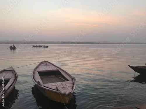 Row Boats on the Ganges River in Varanasi India - Calm Water