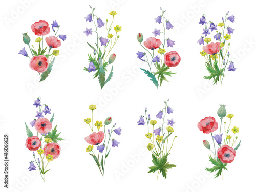 Big set of cute watercolor bouquets of meadow wild plants in rustic retro style.