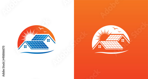 Home solar panel logo, modern home with solar panel roof with the sunshine background logo template