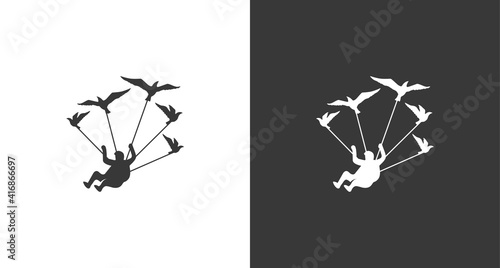 skydiver logo, the silhouette of a flying man with birds, a parachuting man with birds logo