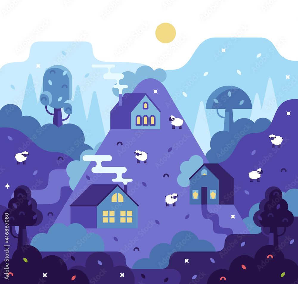 Vector cartoon square illustration in flat cartoon stile, village landscape, farmhouses and sheep walking in the fields