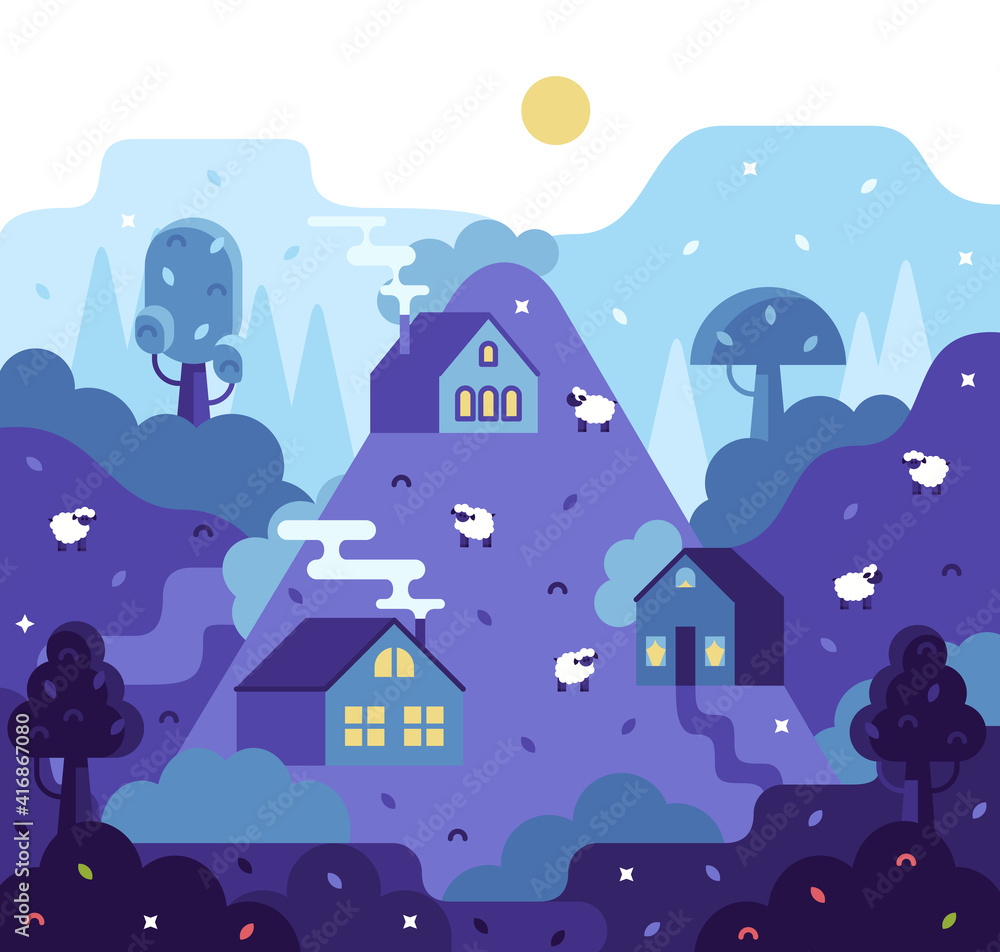 Vector cartoon square illustration in flat cartoon stile, village landscape, farmhouses and sheep walking in the fields Vector cartoon square illustration in flat cartoon stile, village landscape, farmhouses and sheep walking in the fields