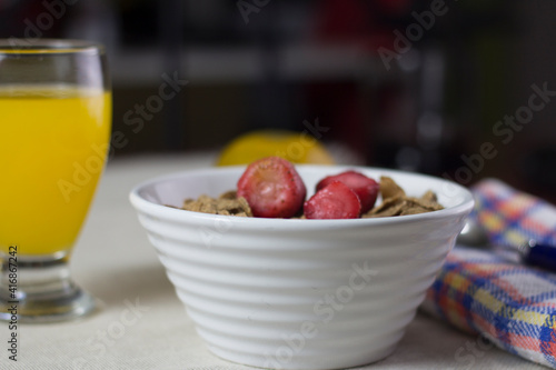 breakfast with cereal fruits and juice