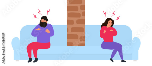 quarrel sitting couple man and woman on the sofa  brick wall between them conflict vector illustration