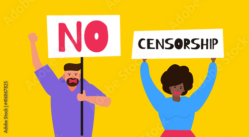 no censorship protest concept .censored man and woman with tape on the mouth holding placard vector illustration
