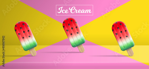 watermelon ice cream sticks on the podium creative vector illustration on duo tone pink yellow background