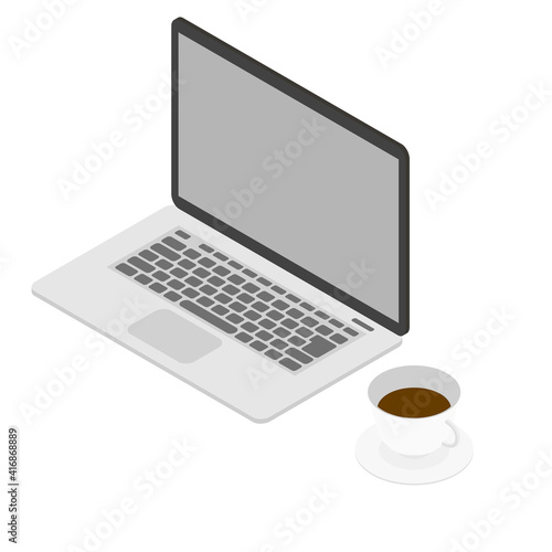 ノートパソコンとコーヒー　アイソメトリック