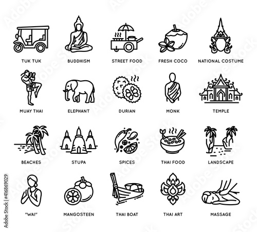 Thailand icon set - collection of vector thin line style icons, Thai national symbols