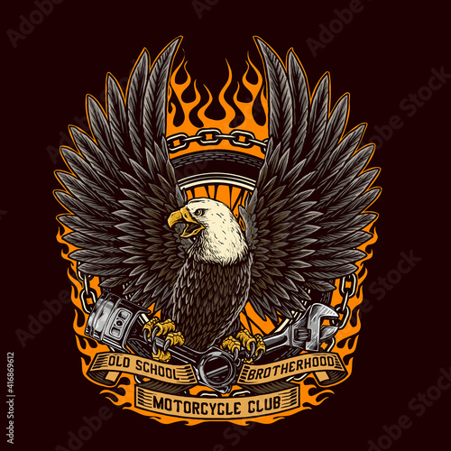 vector of eagle hold the piston and wrench and tyre of custom motorcycle