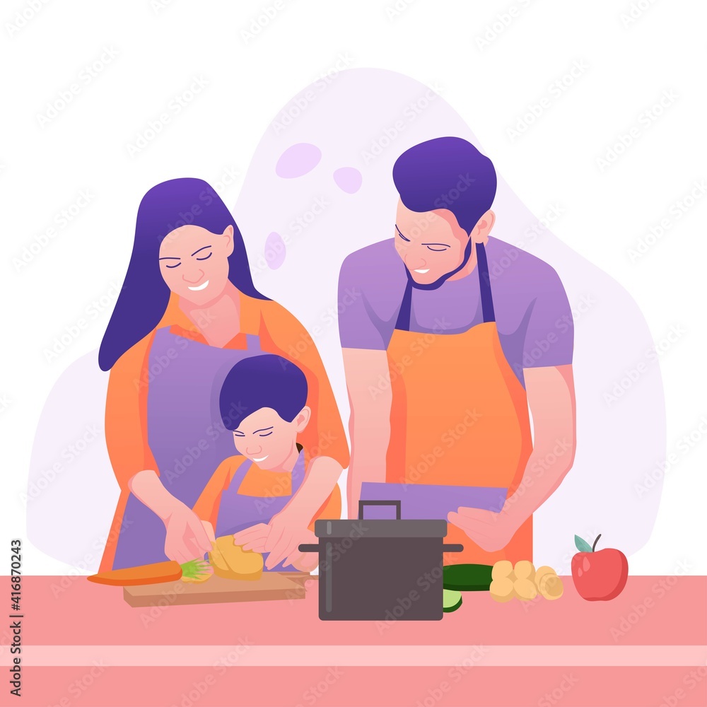 A cheerful family stays at home and cooks in the kitchen together. A cheerful family stays at home and cooks in the kitchen together.