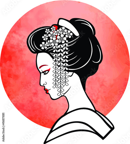 Realistic portrait of the young Japanese girl an ancient hairstyle. Geisha, maiko, princess. Background - the red watercolor sun. Print, poster, t-shirt, card. Vector illustration isolated on white.