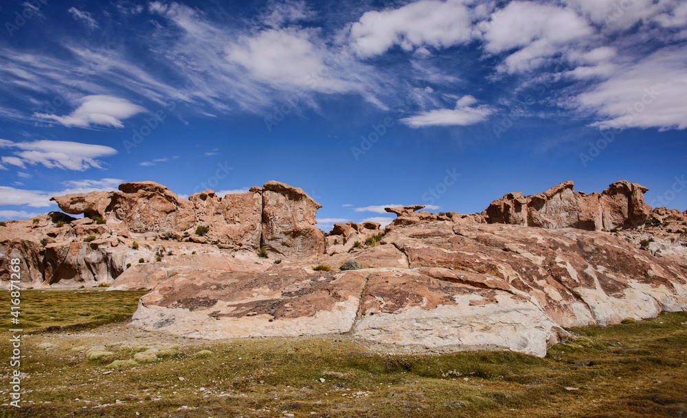 Rock formations at the magical hidden Laguna Negra Valley in the Salar de Uyuni, Bolivia