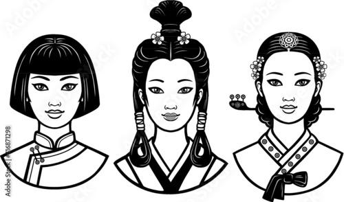 Set of realistic portraits of the young  Asian  girls with different hairstyles.  China, Japan, Korea. Monochrome vector illustration isolated on a white background. Print, poster, t-shirt, card. 