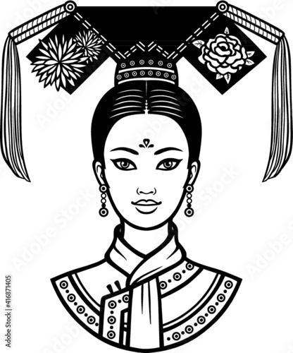 Portrait of the young Chinese girl with an ancient hairstyle. Monochrome vector illustration isolated on a white background. Print, poster, t-shirt, card. 