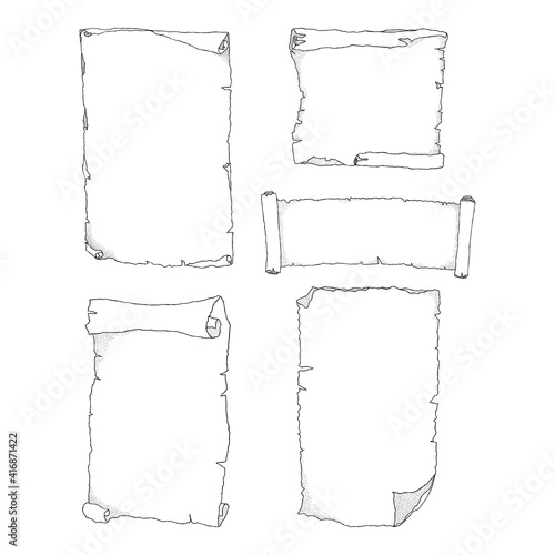 Scrolls of paper hand drawn isolated on a white background. Items for design packaging, greeting card.