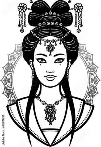Portrait of the young Chinese girl with an ancient hairstyle. Monochrome vector illustration isolated on a white background.