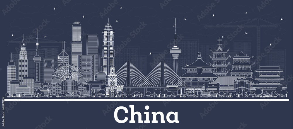 Outline China City Skyline with White Buildings.
