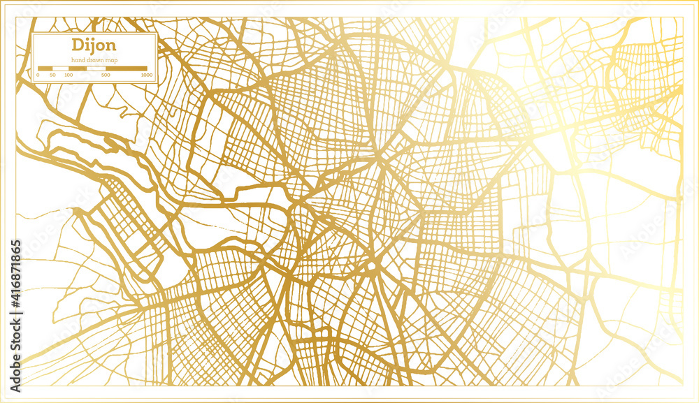 Dijon France City Map in Retro Style in Golden Color. Outline Map.