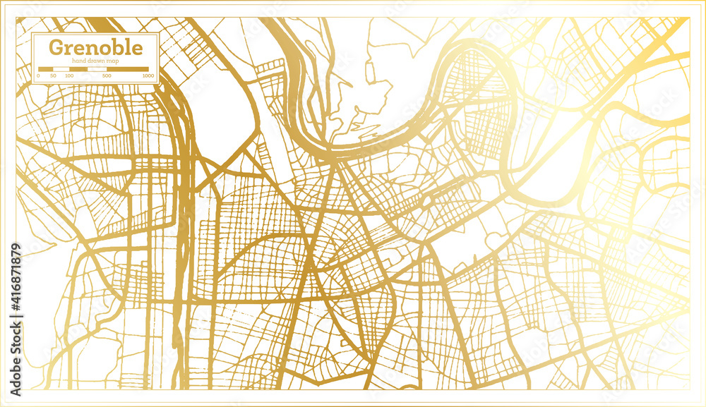 Grenoble France City Map in Retro Style in Golden Color. Outline Map.