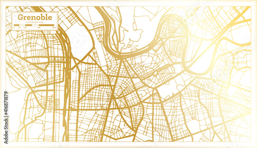 Grenoble France City Map in Retro Style in Golden Color. Outline Map.