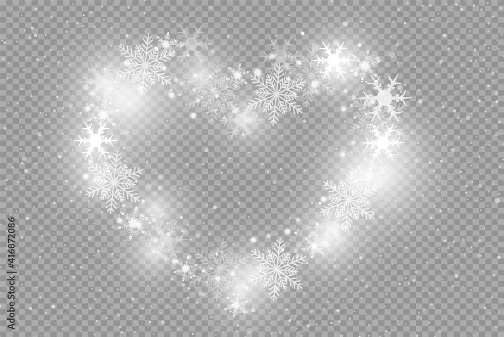 Heart shaped snowflakes in a flat style in continuous drawing lines. Trace of white dust. Magic abstract background isolated on on transparent background. Miracle and magic. Vector illustration flat Heart shaped snowflakes in a flat style in continuous drawing lines. Trace of white dust. Magic abstract background isolated on on transparent background. Miracle and magic. Vector illustration flat
