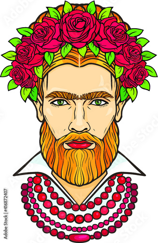 Animation portrait of the bearded man in beads and a wreath of roses. Mix men's and feminine. Vector illustration isolated on a white background. Print, poster, t-shirt, card.