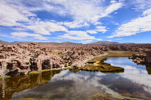 Rock formations at the magical hidden Laguna Negra Valley in the Salar de Uyuni, Bolivia